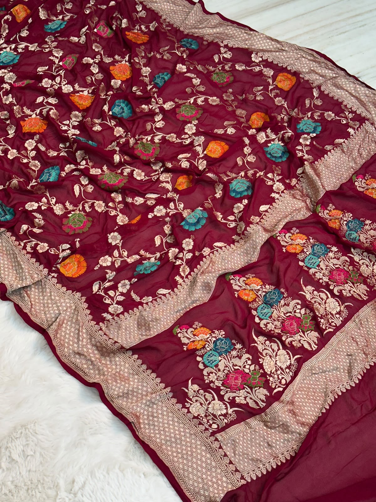 Handloom Pure Khaddi Chiffon Minakari Saree Blouse Plain with Border