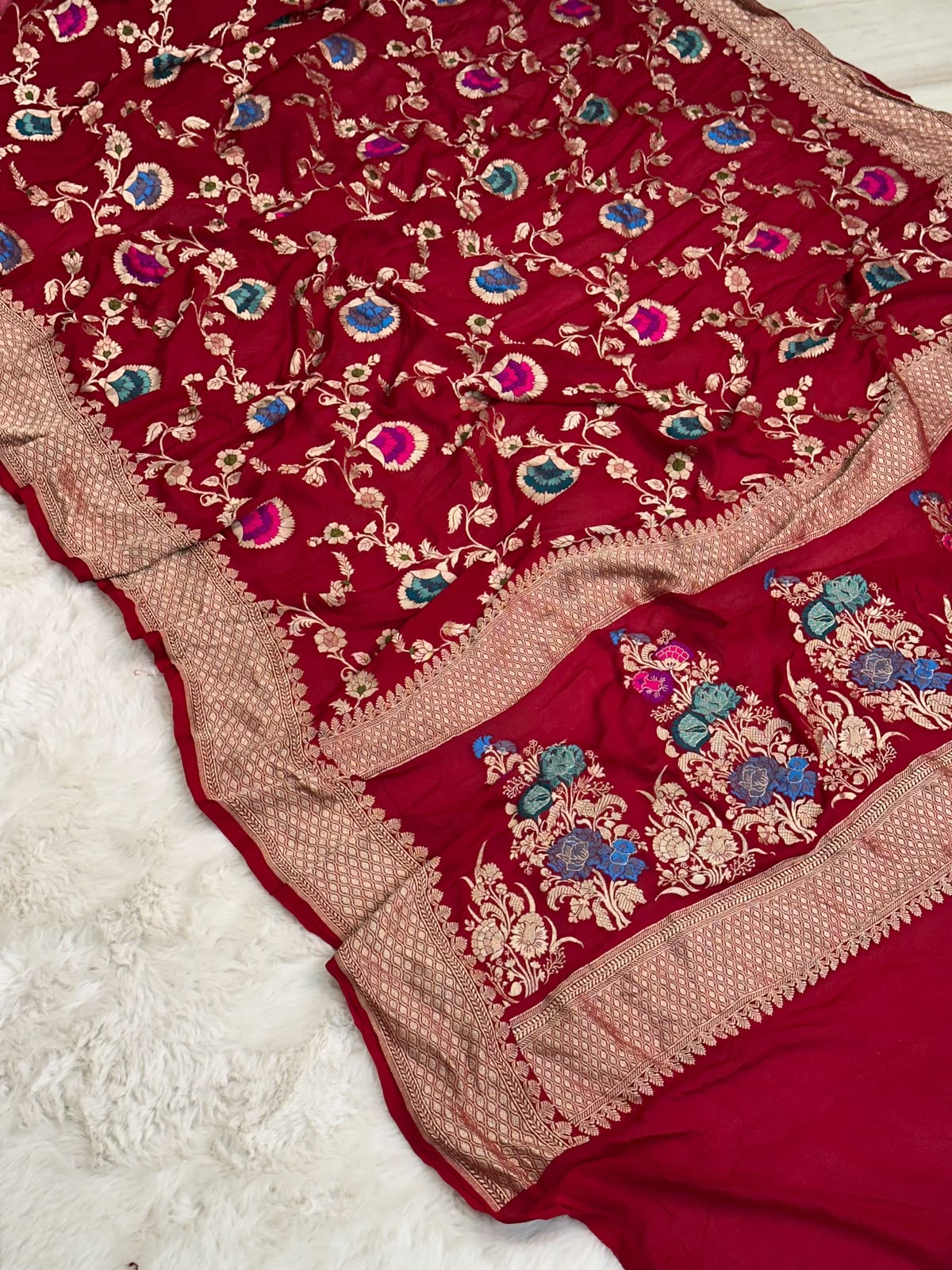 Handloom Pure Khaddi Chiffon Minakari Saree Blouse Plain with Border