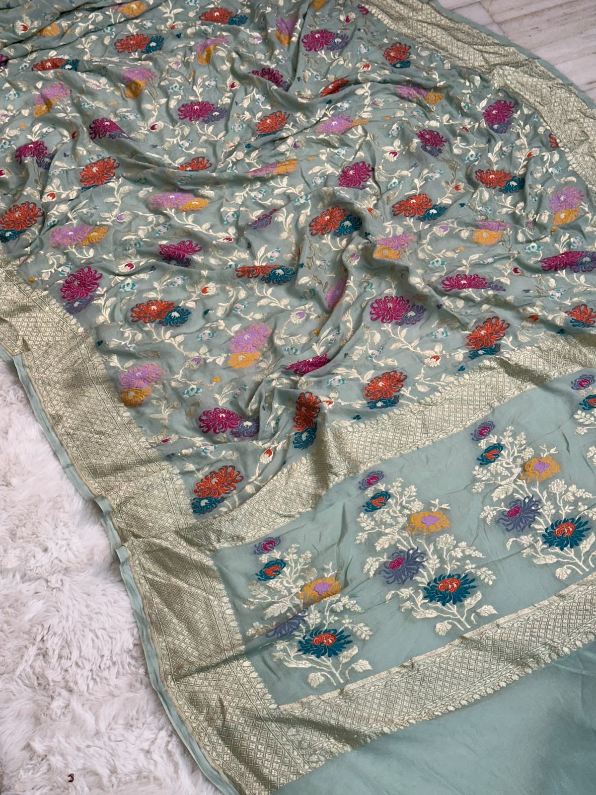 Handloom Pure Khaddi Chiffon Minakari Saree Blouse Plain with Border