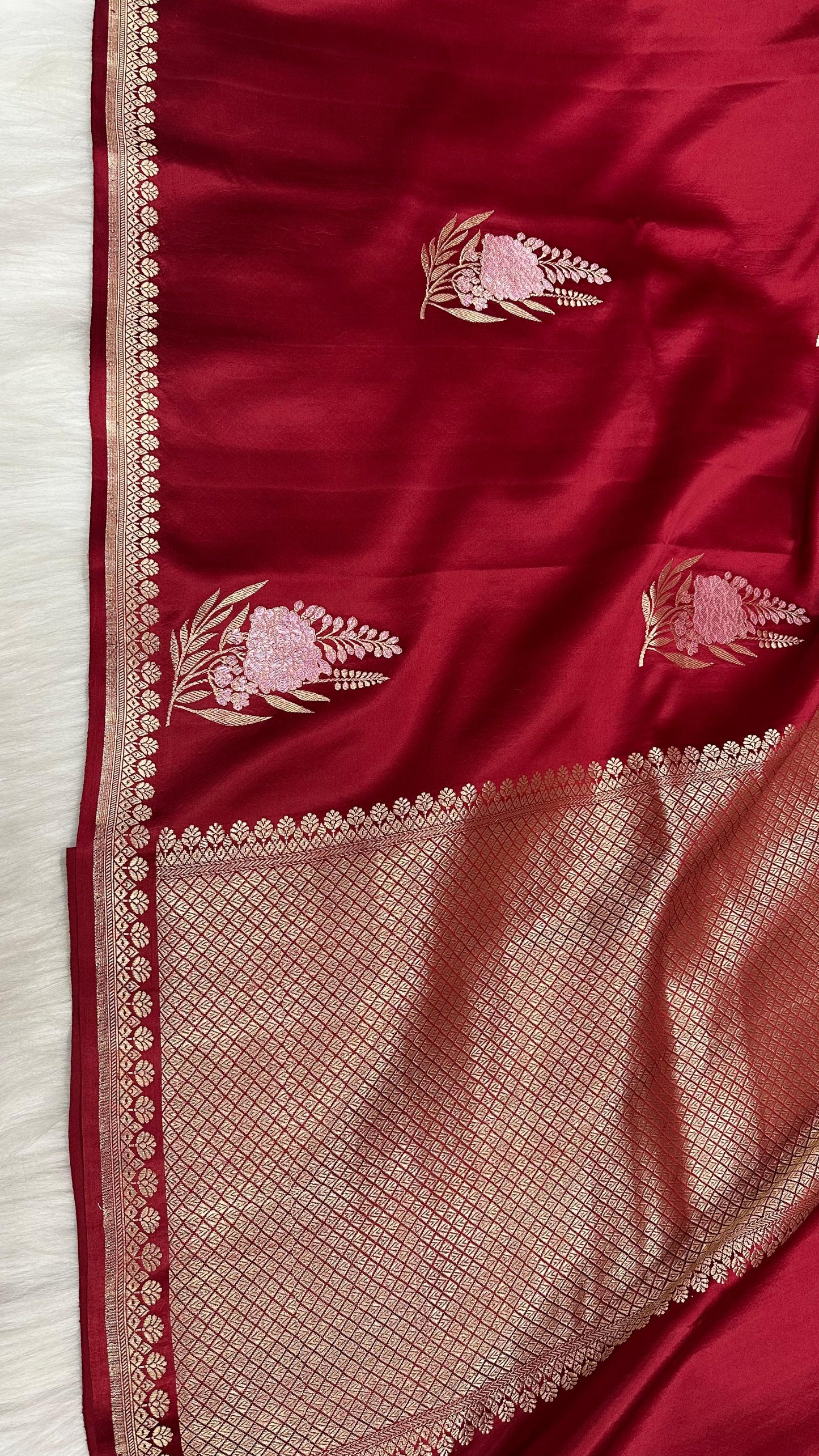 Mahroon pure silk handloom banarasi mashru saree