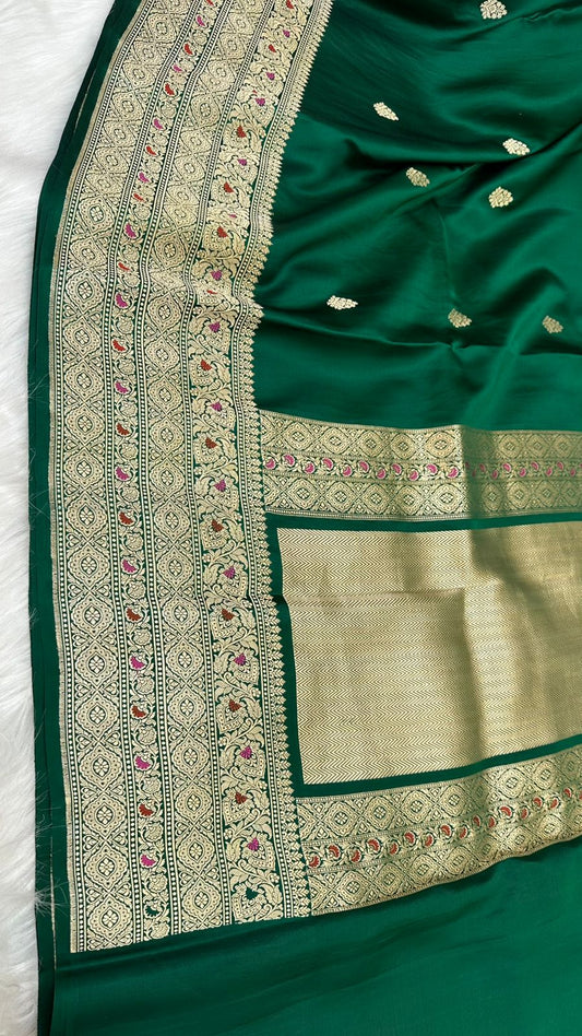Bottle Green Mashru Silk Iskart Meena Border Banarasi Saree
