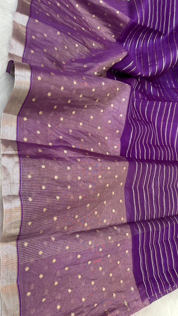 Pure Organza Silk Zari Buti Zari Lines Design Saree