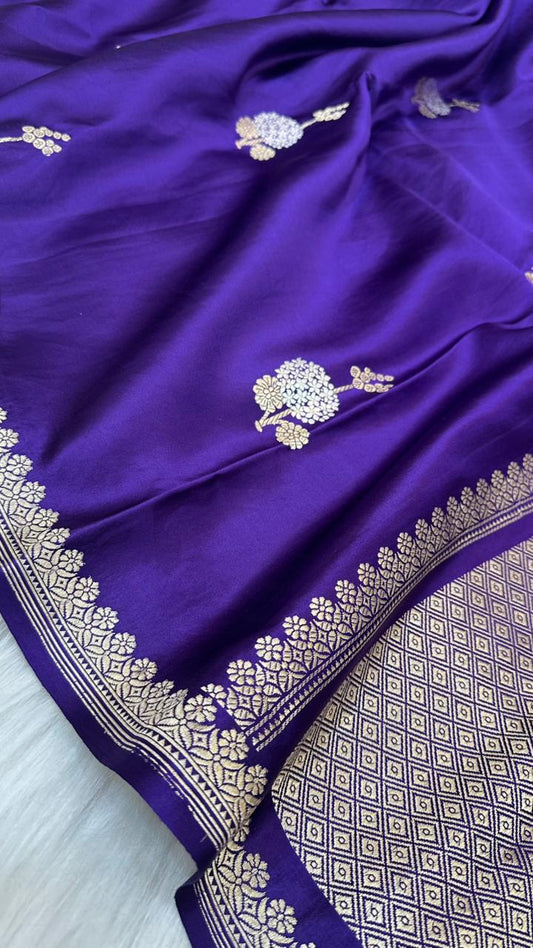 Pure Handloom Kaduwa Banarasi Mashru Silk Zari Border Boota Saree