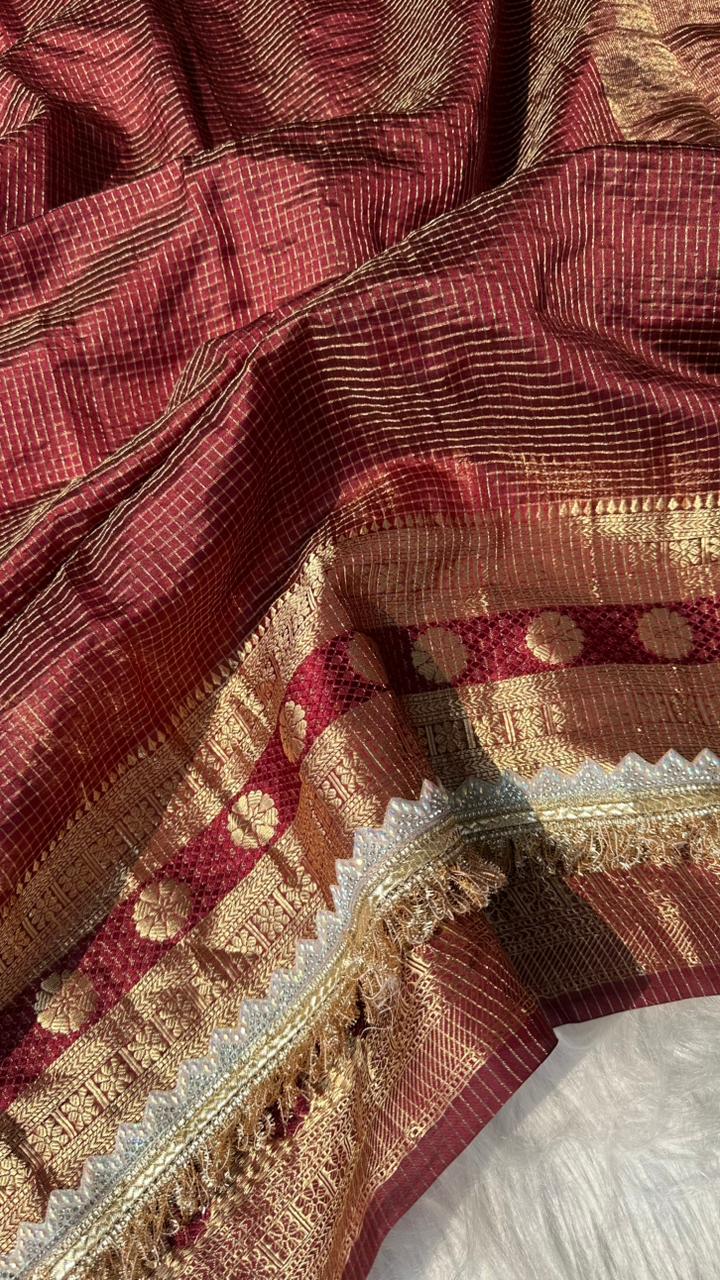 Pure Mango Silk Checks Gota Patti Work Light Weight Saree