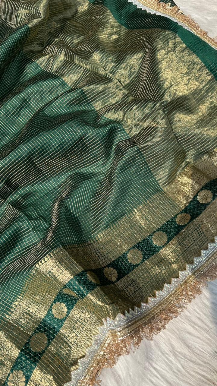 Pure Mango Silk Checks Gota Patti Work Light Weight Saree
