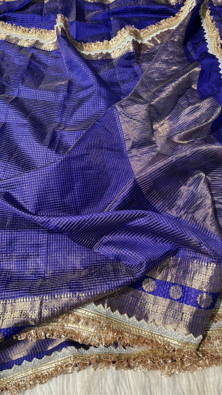 Pure Mango Silk Checks Gota Patti Work Light Weight Saree