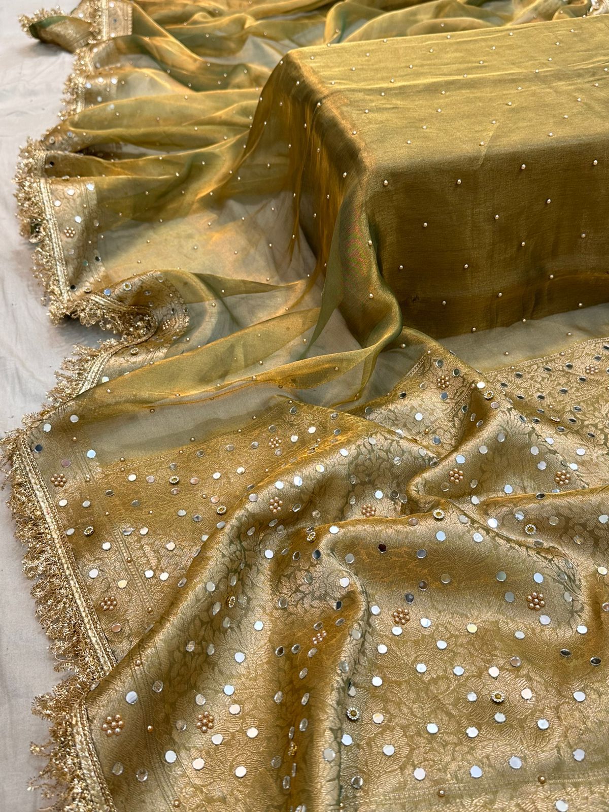 Pure Tissue Silk Mirror Work Designer Gota Patti Saree
