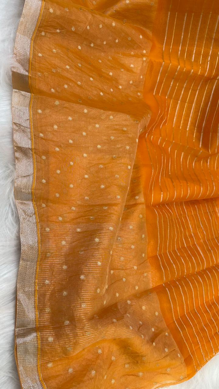Pure Organza Silk Zari Buti Zari Lines Design Saree