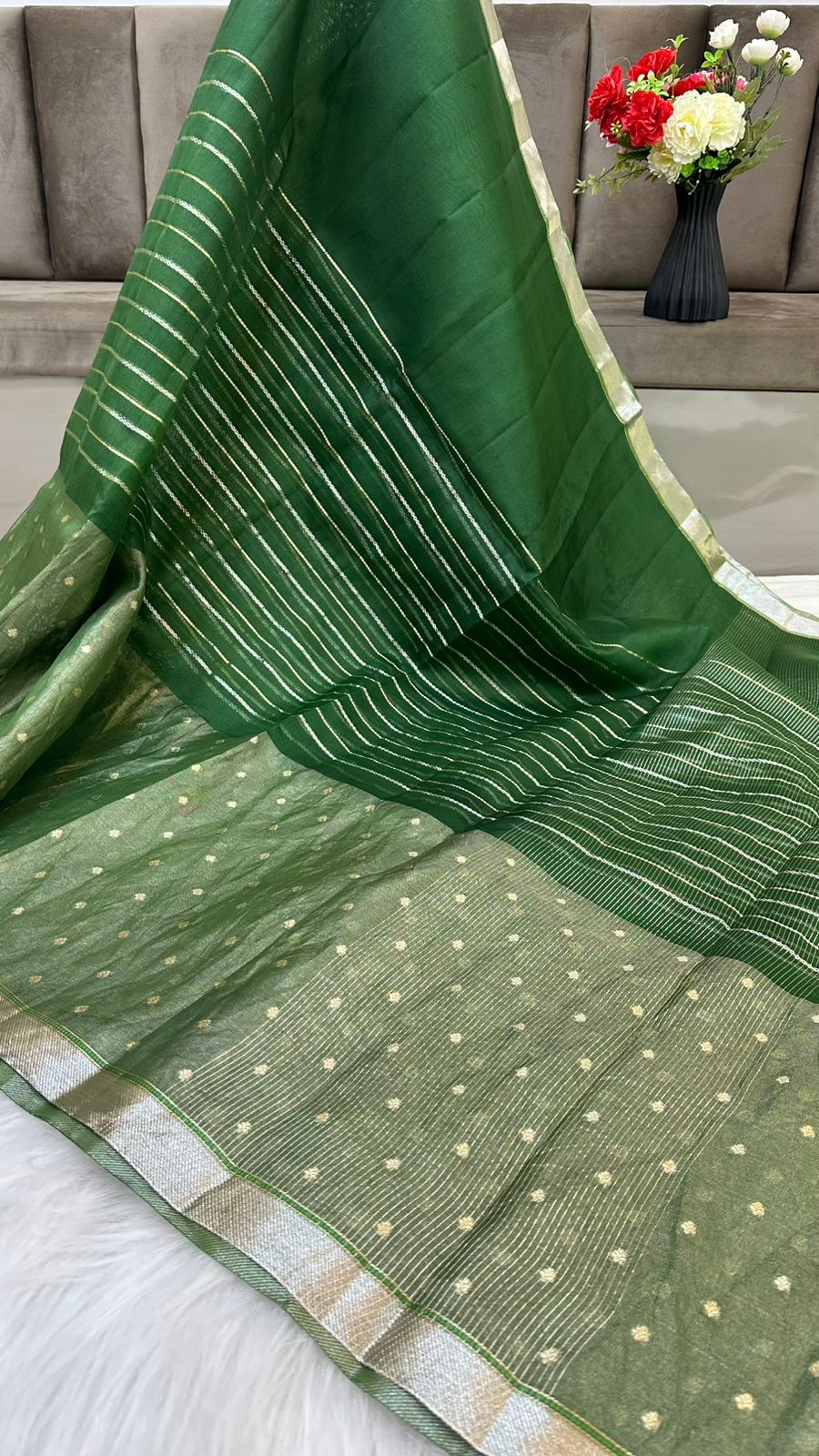 Pure Organza Silk Zari Buti Zari Lines Design Saree