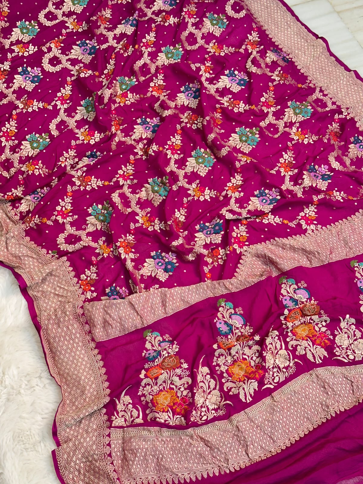 Handloom Pure Khaddi Chiffon Minakari Saree Blouse Plain with Border