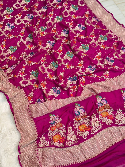 Handloom Pure Khaddi Chiffon Minakari Saree Blouse Plain with Border