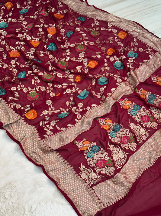 Handloom Pure Khaddi Chiffon Minakari Saree Blouse Plain with Border