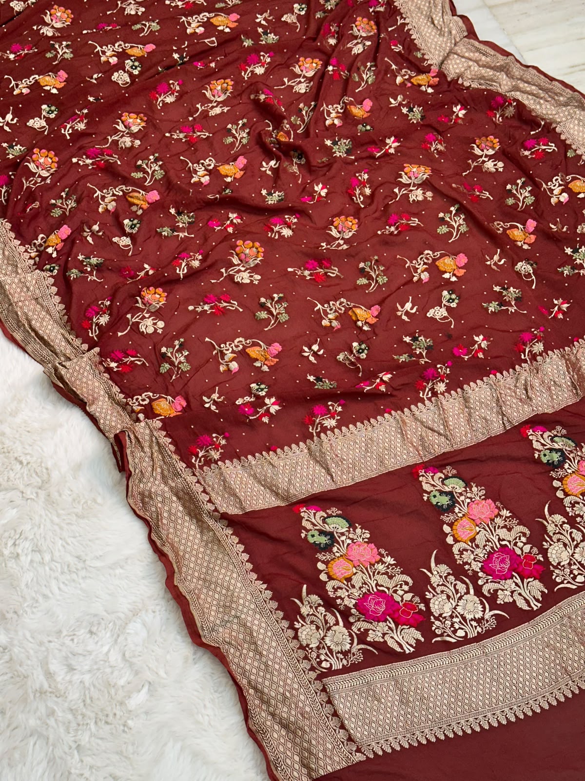 Handloom Pure Khaddi Chiffon Minakari Saree Blouse Plain with Border
