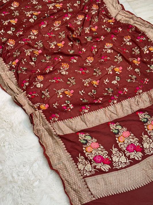 Handloom Pure Khaddi Chiffon Minakari Saree Blouse Plain with Border