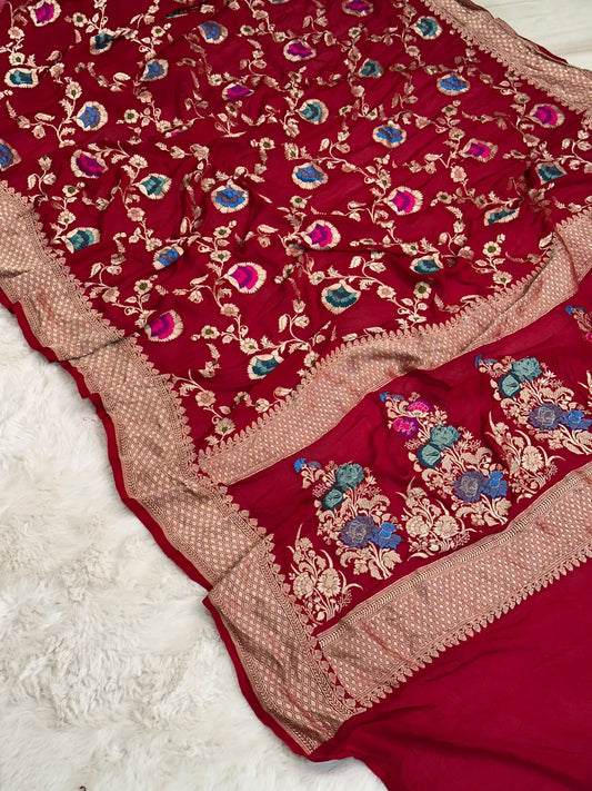 Handloom Pure Khaddi Chiffon Minakari Saree Blouse Plain with Border