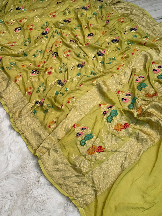 Handloom Pure Khaddi Chiffon Minakari Saree Blouse Plain with Border