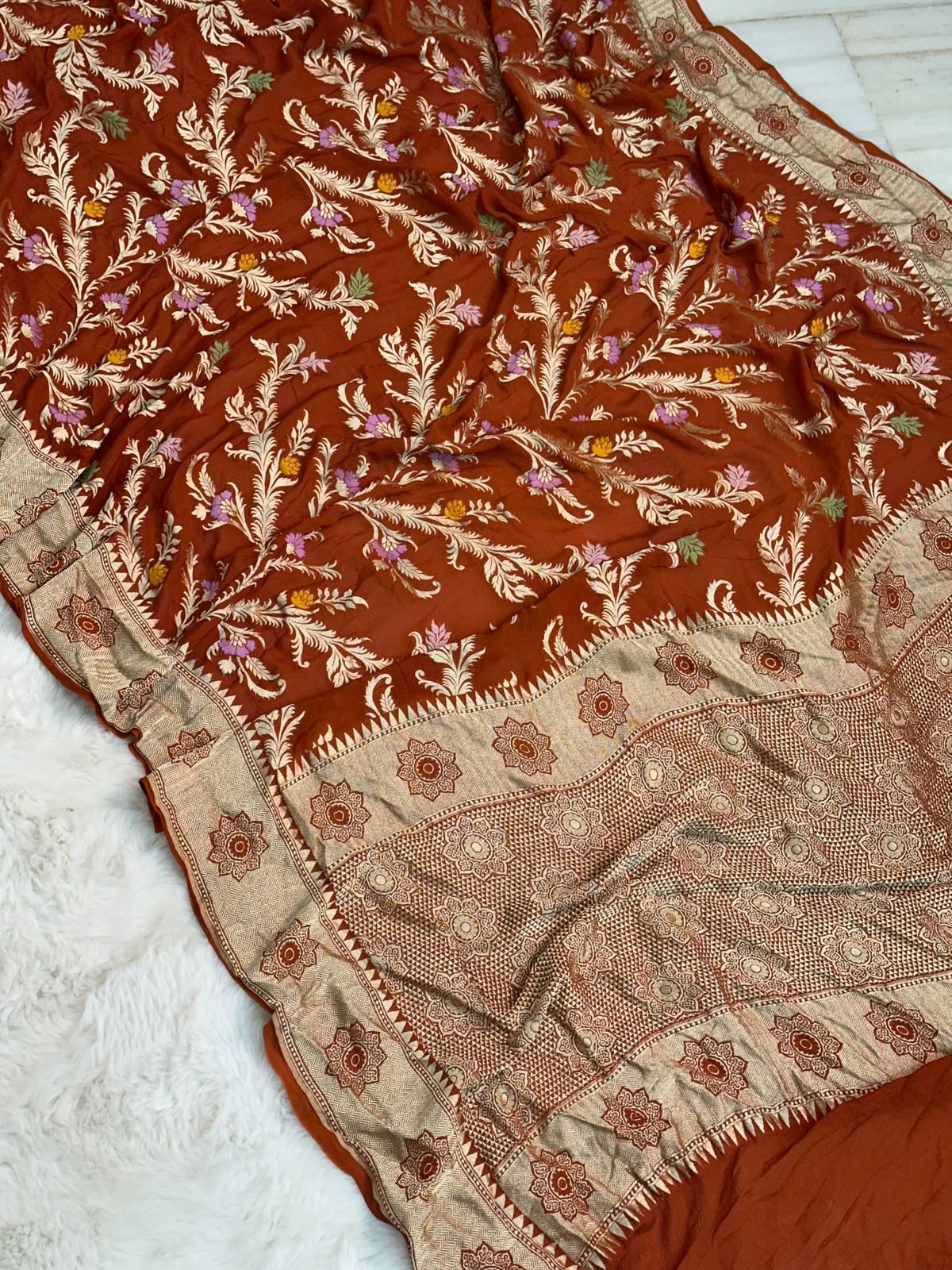 Handloom Pure Khaddi Chiffon Minakari Saree Blouse Plain with Border