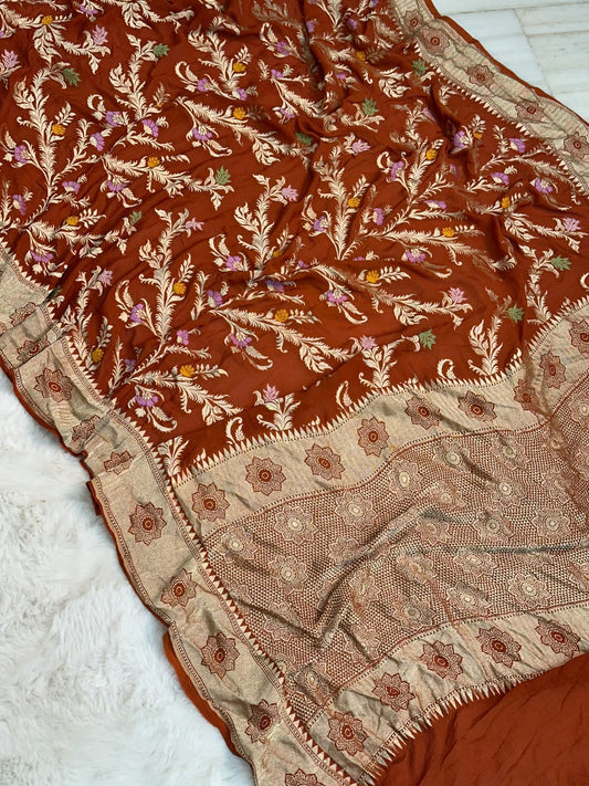 Handloom Pure Khaddi Chiffon Minakari Saree Blouse Plain with Border