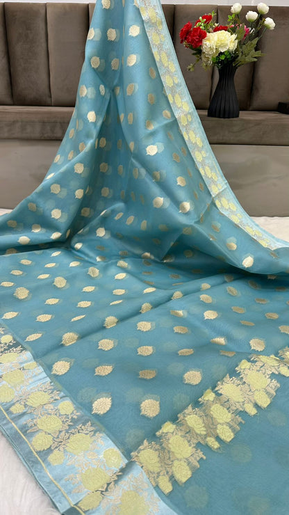 Handloom Pure Banarasi Organza Silk Mashru mina border saree