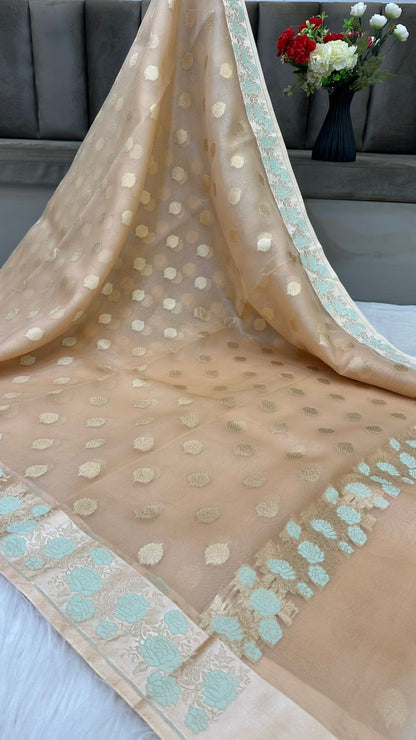 Handloom Pure Banarasi Organza Silk Mashru mina border saree