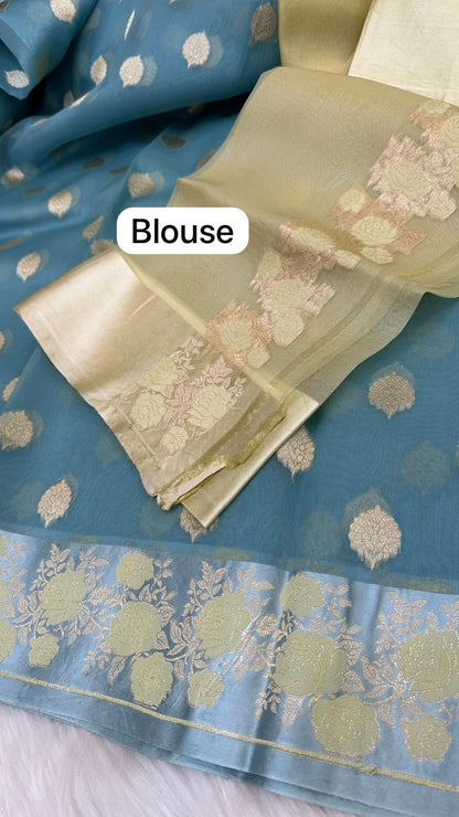 Handloom Pure Banarasi Organza Silk Mashru mina border saree