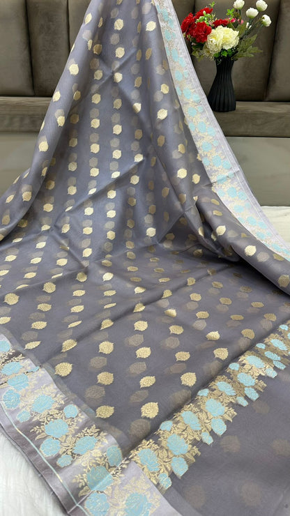 Handloom Pure Banarasi Organza Silk Mashru mina border saree