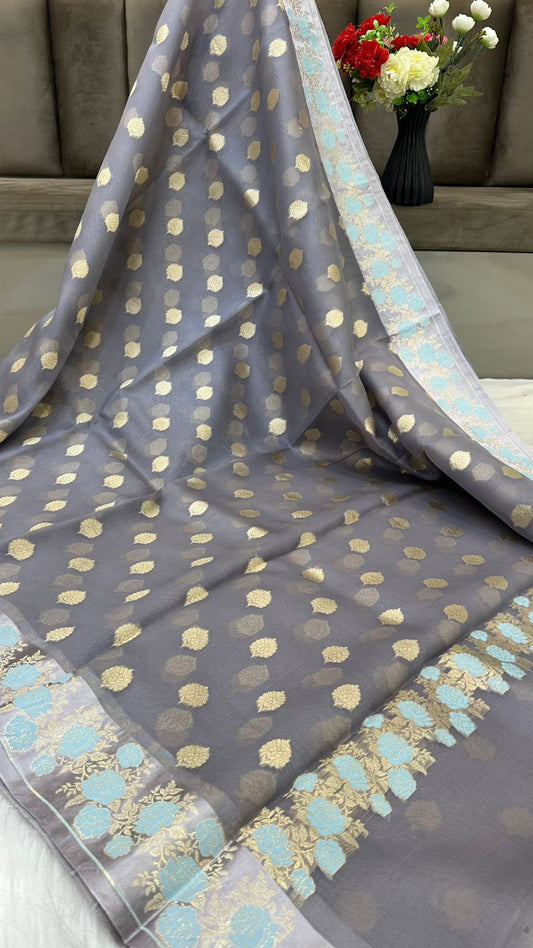 Handloom Pure Banarasi Organza Silk Mashru mina border saree