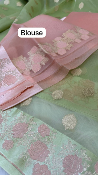Handloom Pure Banarasi Organza Silk Mashru mina border saree