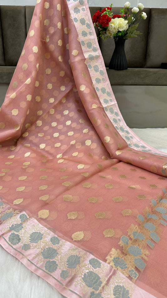 Handloom Pure Banarasi Organza Silk Mashru mina border saree