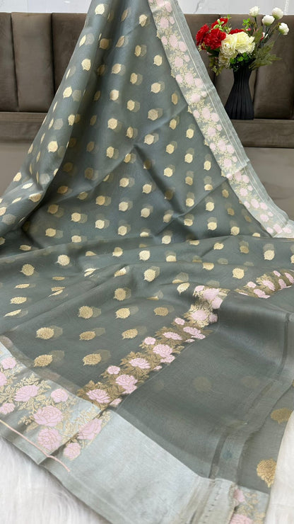 Handloom Pure Banarasi Organza Silk Mashru mina border saree