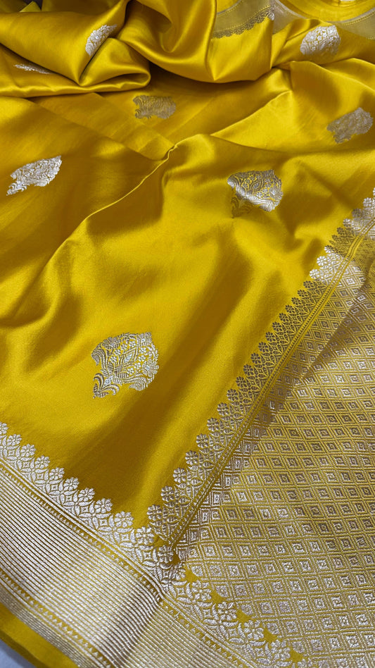 Yellow Mashru Silk Iskart Meena Border Banarasi Saree