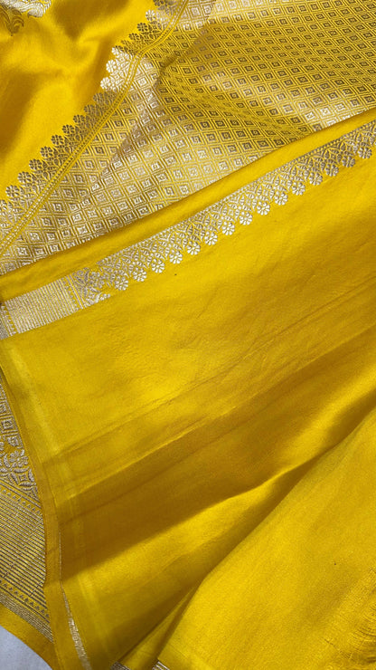 Yellow Mashru Silk Iskart Meena Border Banarasi Saree