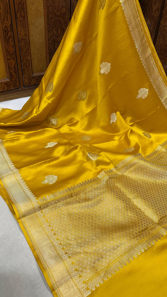 Yellow Mashru Silk Iskart Meena Border Banarasi Saree