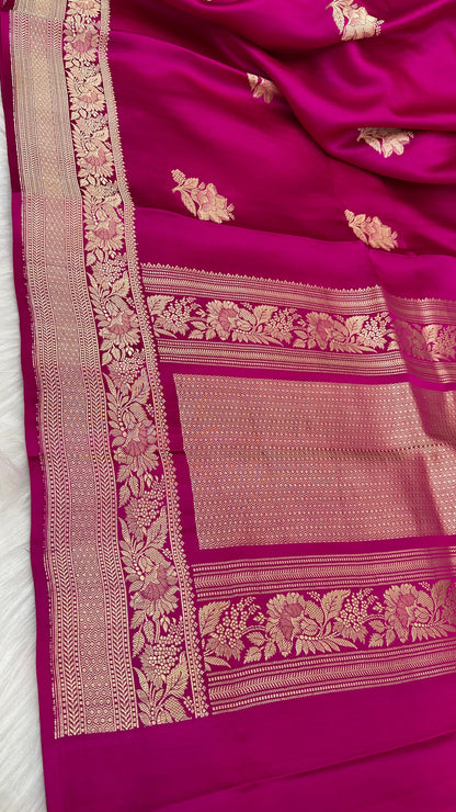 Magenta Mashru Silk Iskart Zari Border Brocad Banarasi Saree
