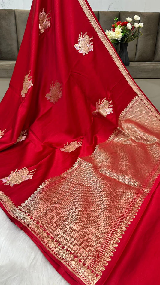 Red Mashru Silk Zari Border Aanchal Boota Saree