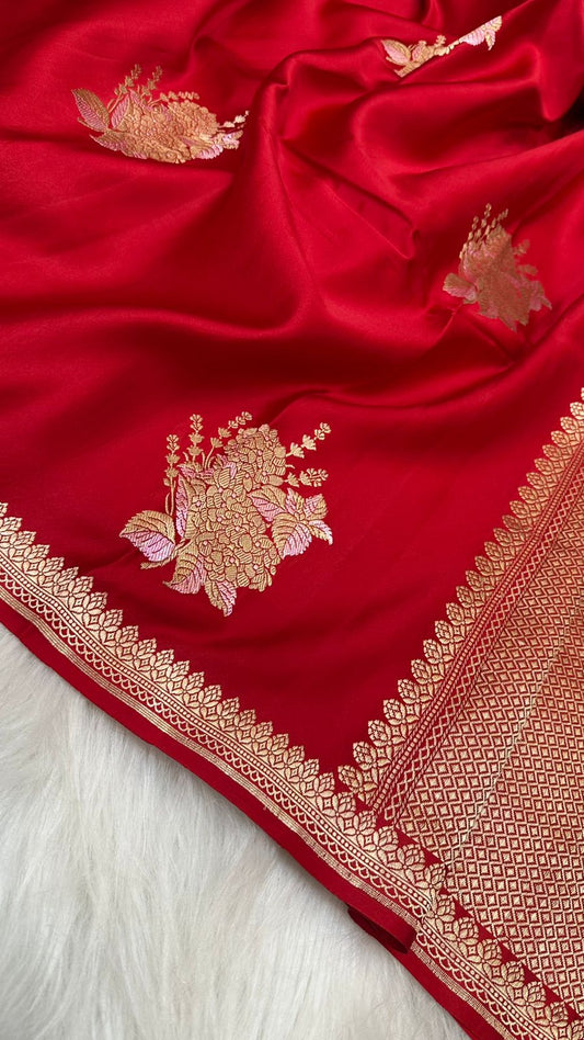 Red Mashru Silk Zari Border Aanchal Boota Saree