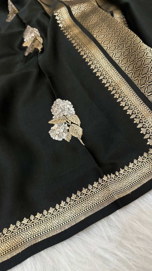 Black Mashru Silk Zari Border Aanchal Boota Saree