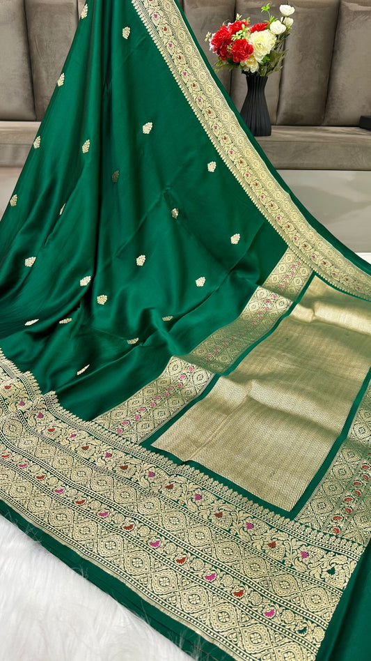 Bottle Green  Mashru Silk Iskart Meena Border Banarasi Saree