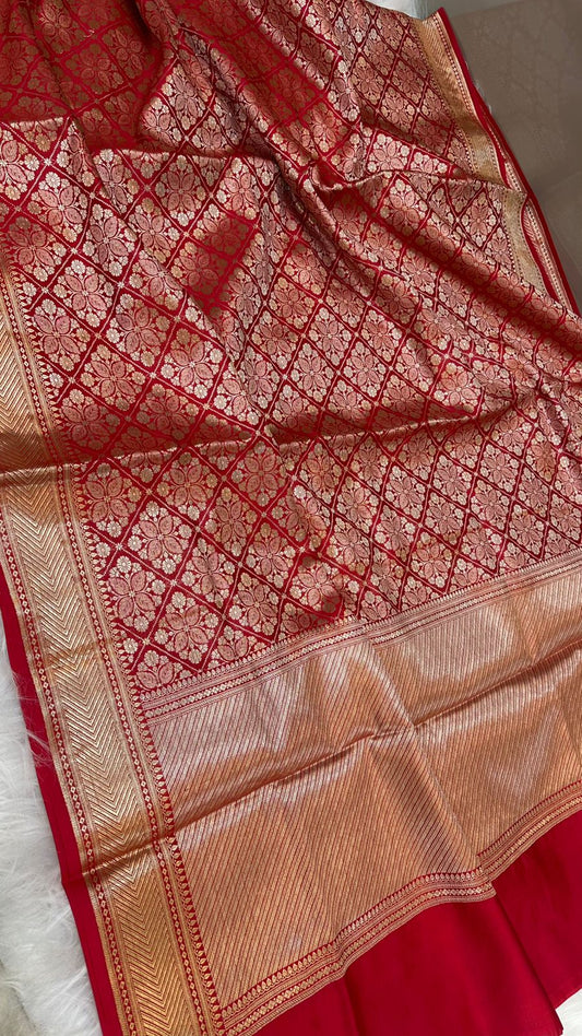 Red Pure Row Mango Silk Zari Brocade Saree