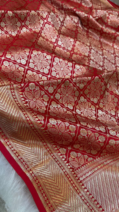 Red Pure Row Mango Silk Zari Brocade Saree