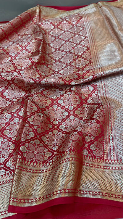 Red Pure Row Mango Silk Zari Brocade Saree