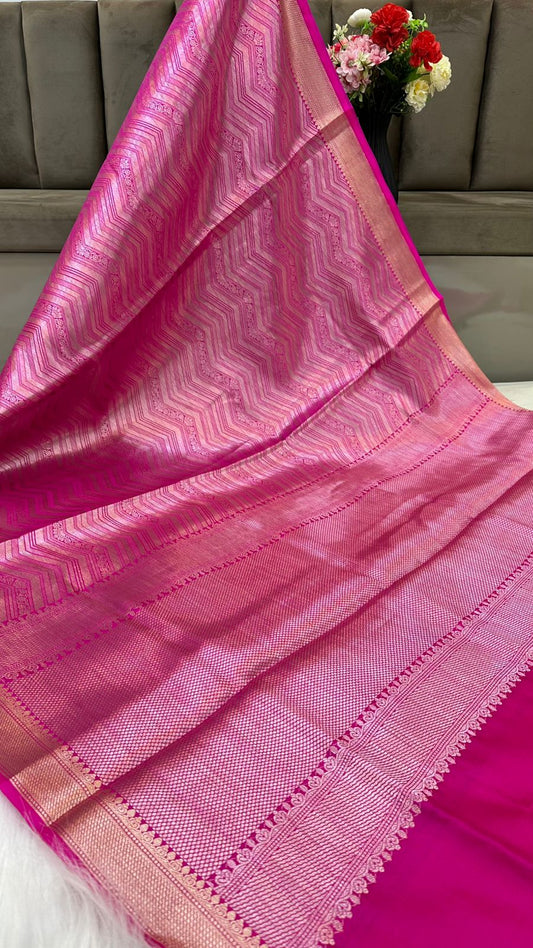 Rani Pure Raw Mango Silk Zari Brocade Zig Zag Design Saree