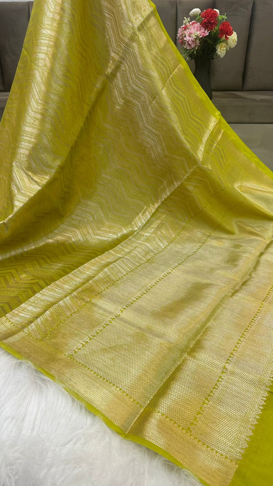 Dhani Yellow Pure Raw Mango Silk Zari Brocade Zig Zag Design Saree