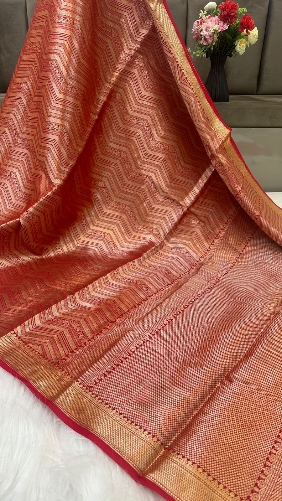 Red Pure Raw Mango Silk Zari Brocade Zig Zag Design Saree