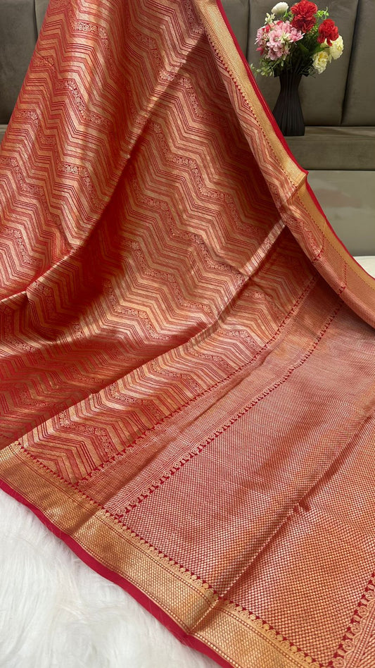 Red Pure Raw Mango Silk Zari Brocade Zig Zag Design Saree