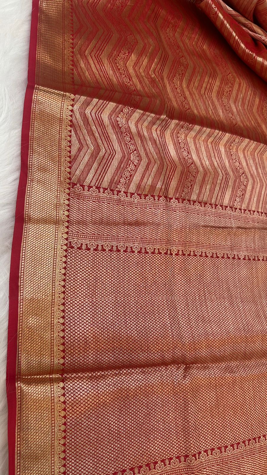 Red Pure Raw Mango Silk Zari Brocade Zig Zag Design Saree