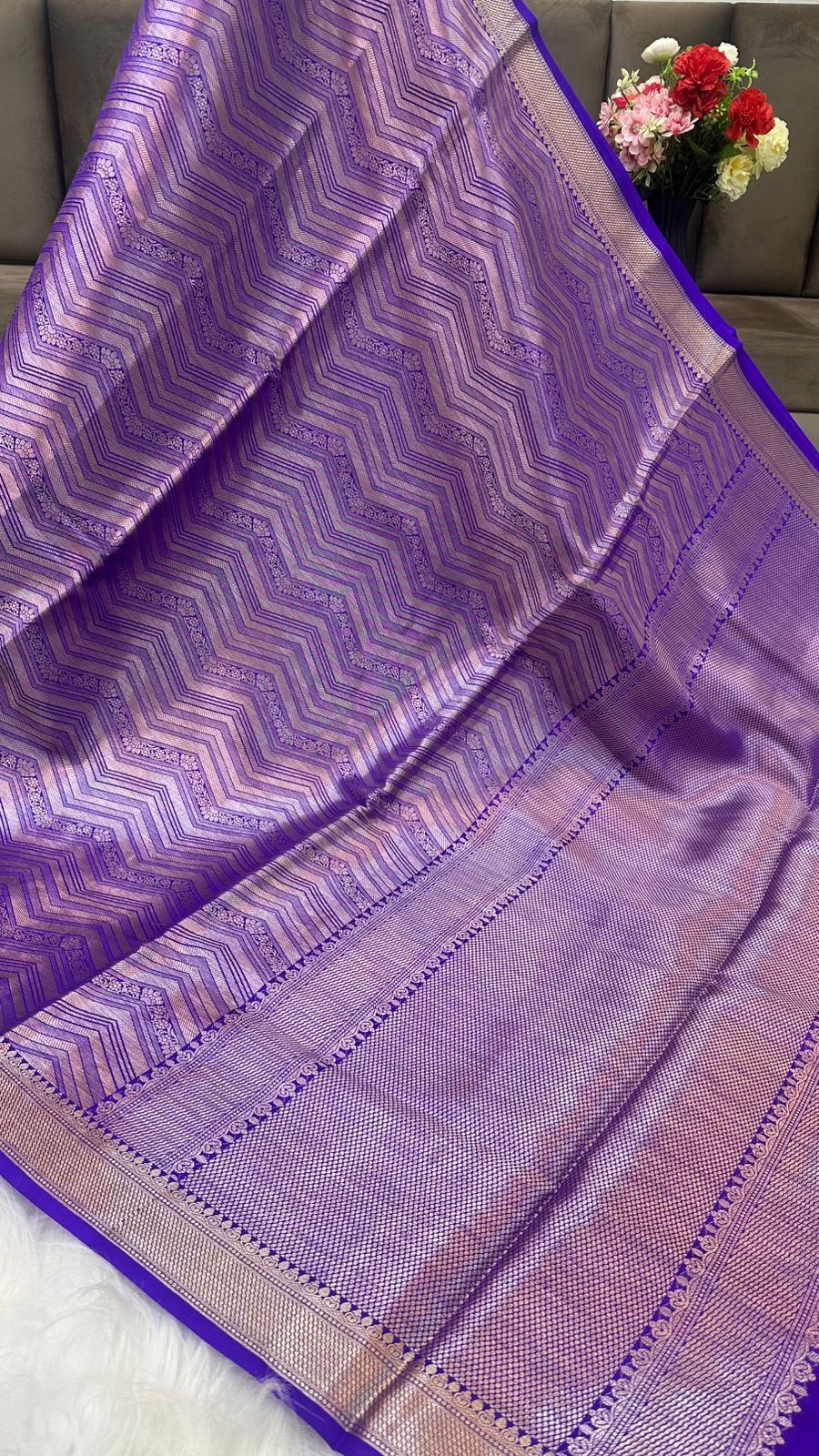 Royal Blue Pure Raw Mango Silk Zari Brocade Zig Zag Design Saree