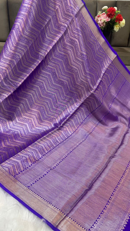 Royal Blue Pure Raw Mango Silk Zari Brocade Zig Zag Design Saree