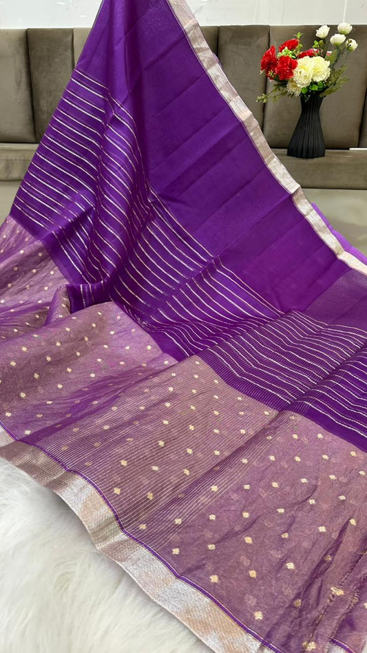 Pure Organza Silk Zari Buti Zari Lines Design Saree