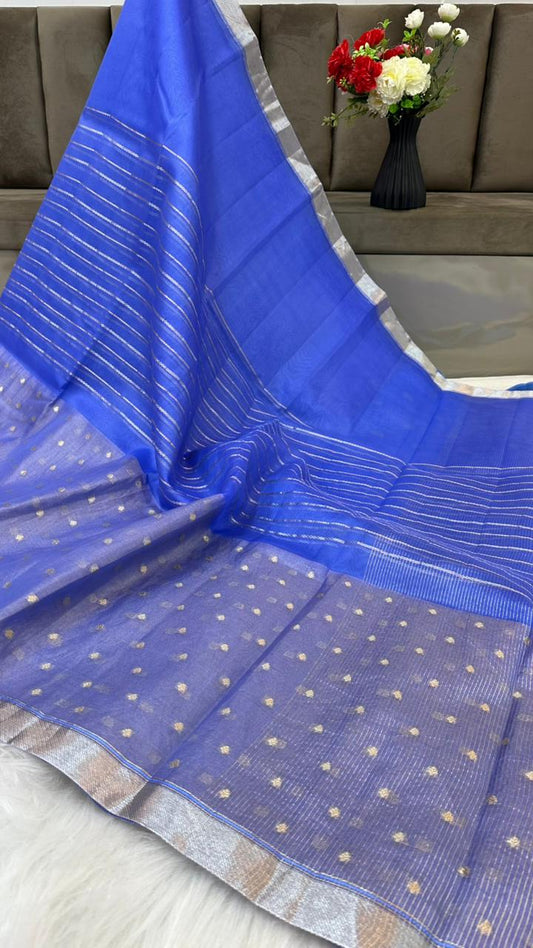 Pure Organza Silk Zari Buti Zari Lines Design Saree